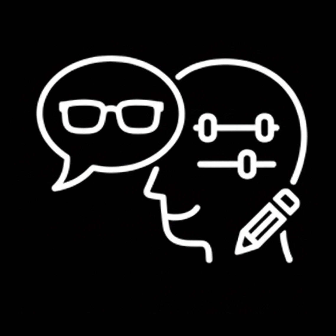 White outline of a person with speech bubble, glasses, and measuring tools on a black background