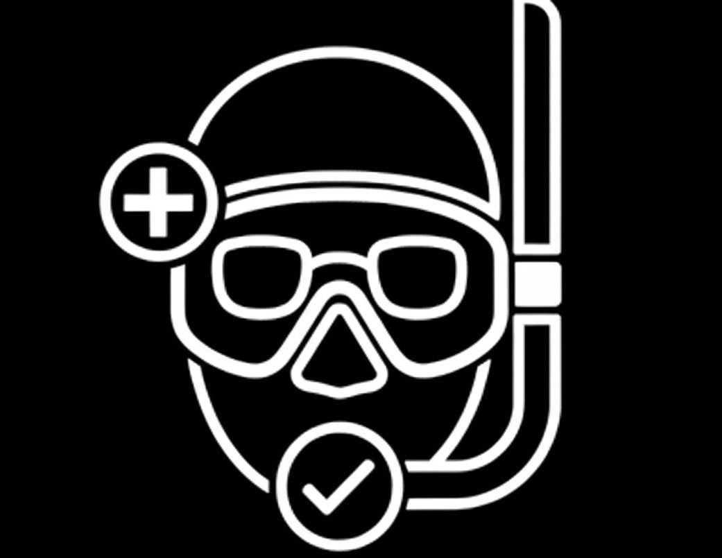 White outline of a diving mask with a '+' sign and a check mark on a black background