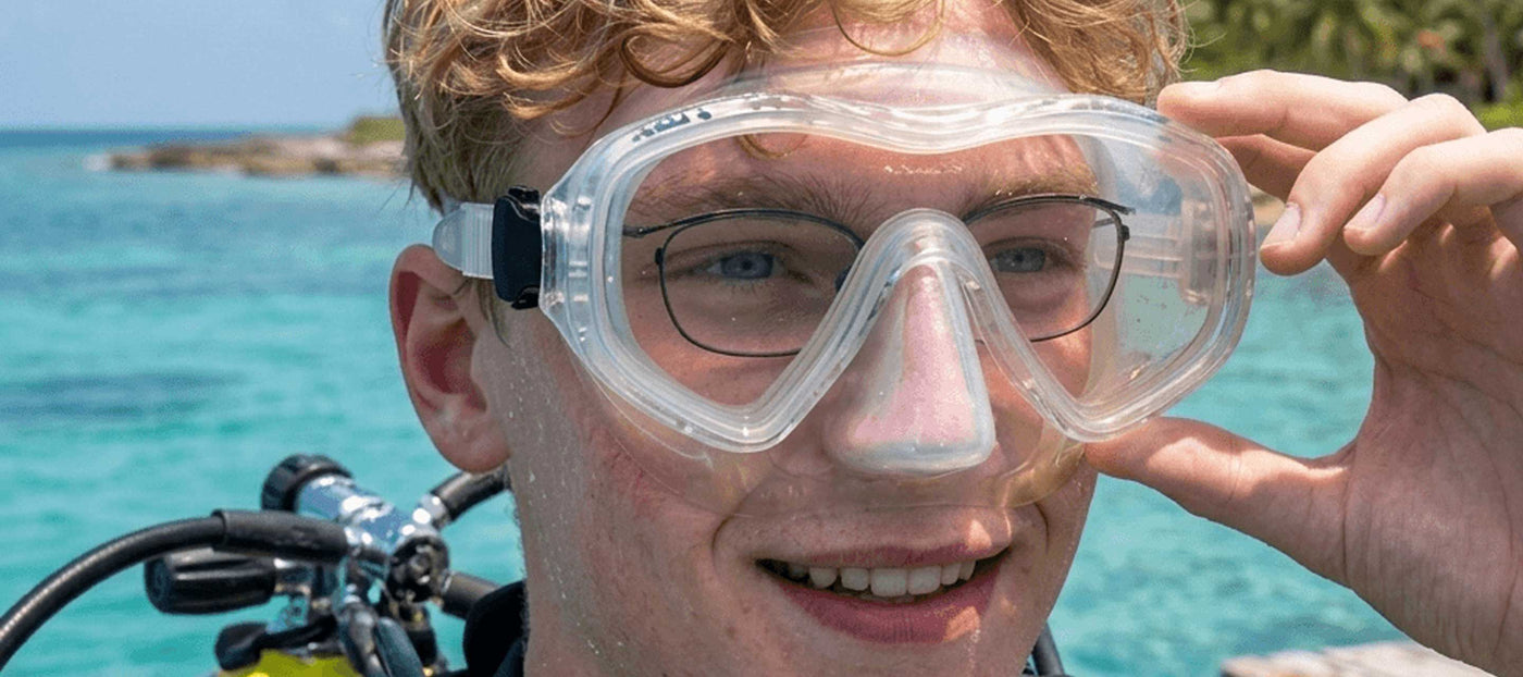 Person wearing a diving mask with MaskOptix prescritpion eyeglasses underneath a clear background