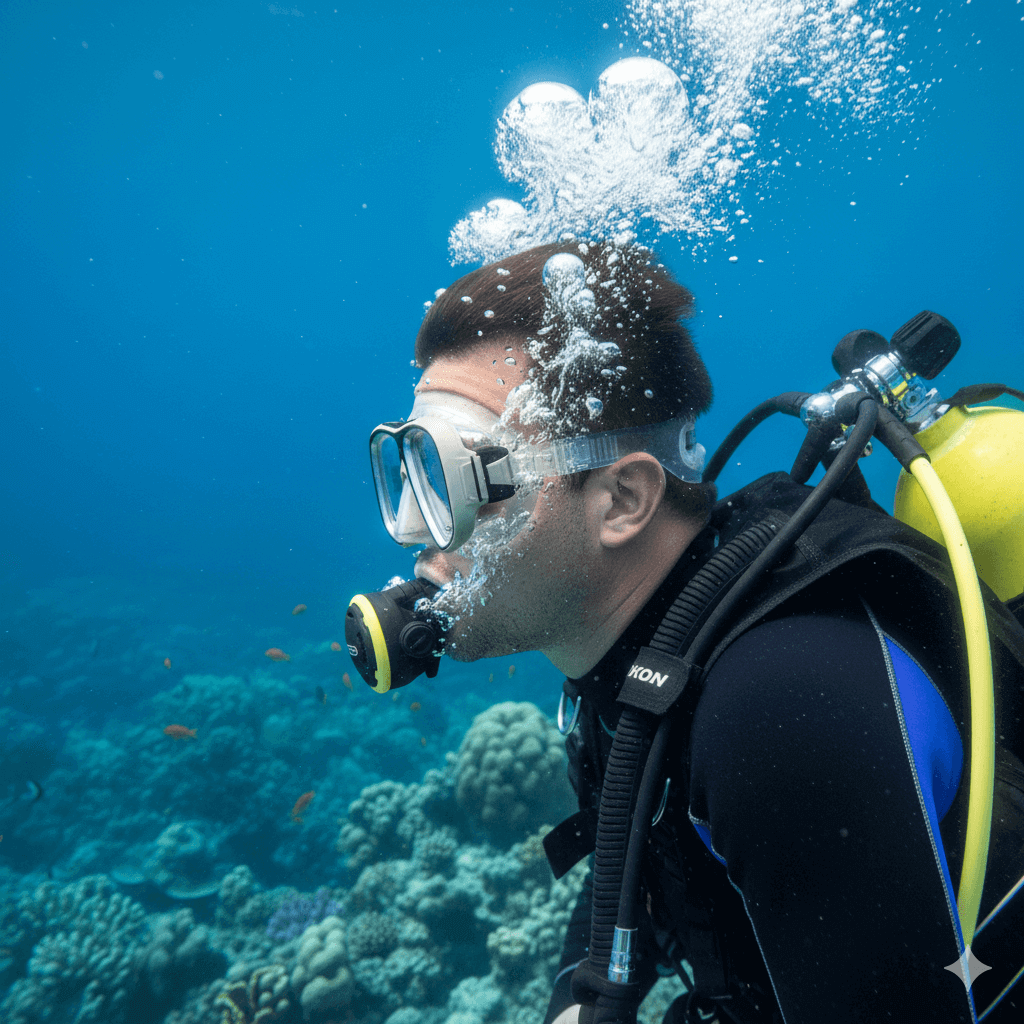 underwater scuba diver blowing bubbles maskoptix