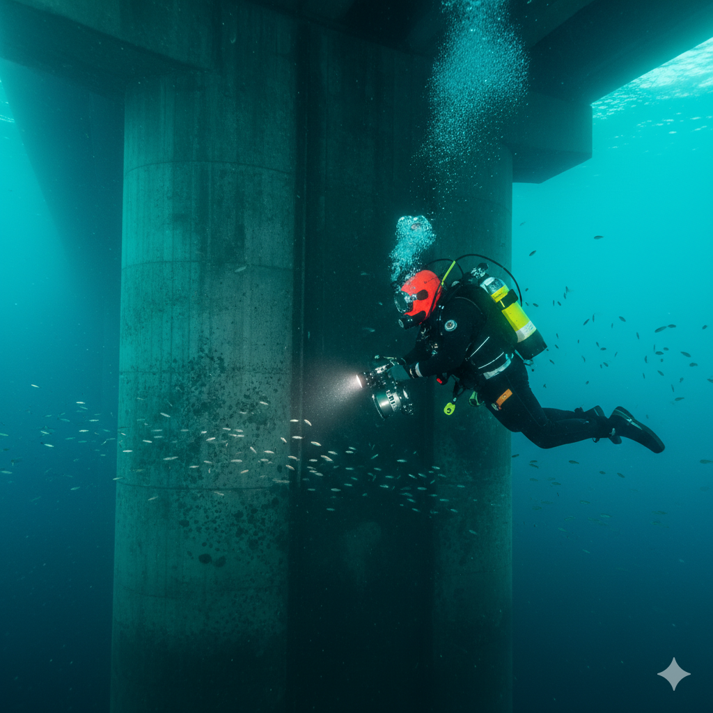 Diver doing underwater inspection bridge