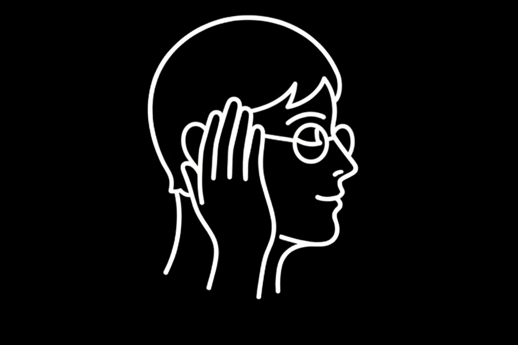 White line drawing of a person with glasses on a black background