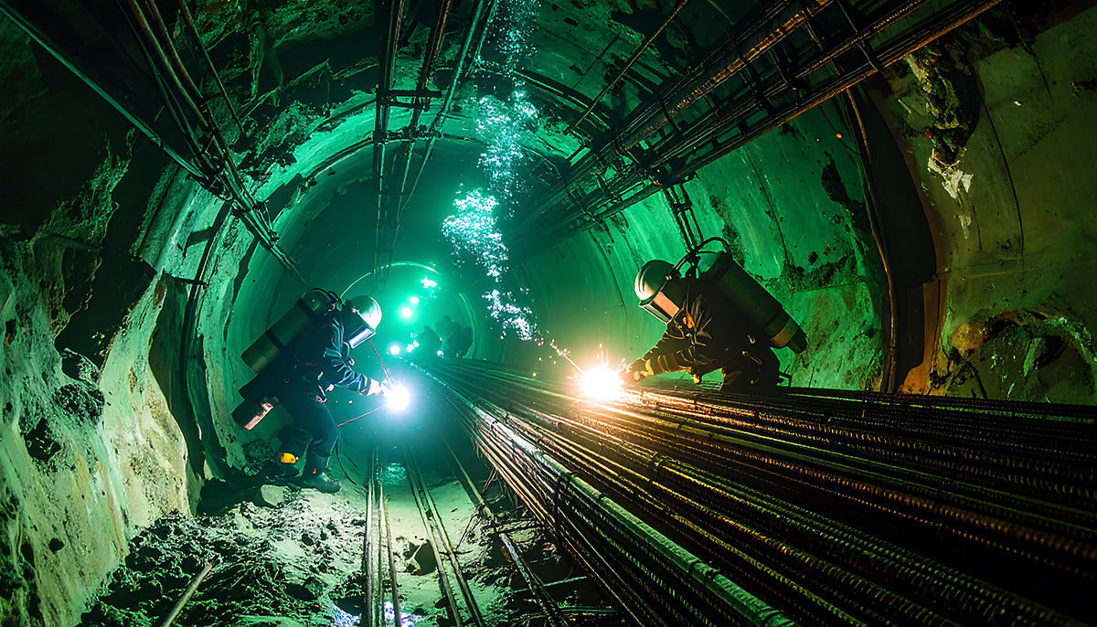 Two workers in a tunnel with welding equipment, illuminated by green and yellow lights.