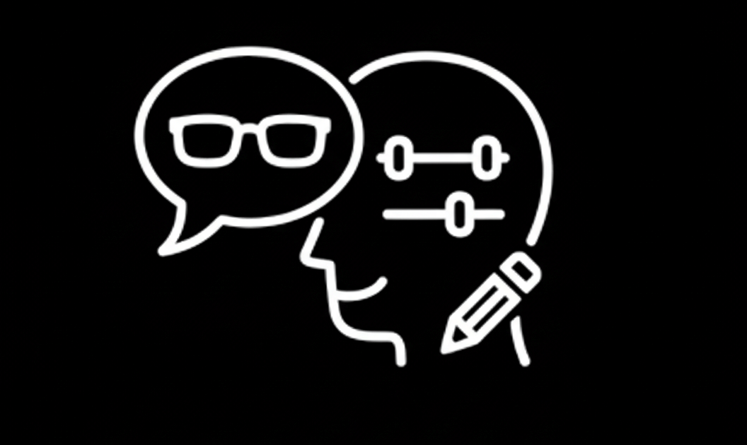 White icon of a person with speech bubble, glasses, barbell, and pencil on a black background