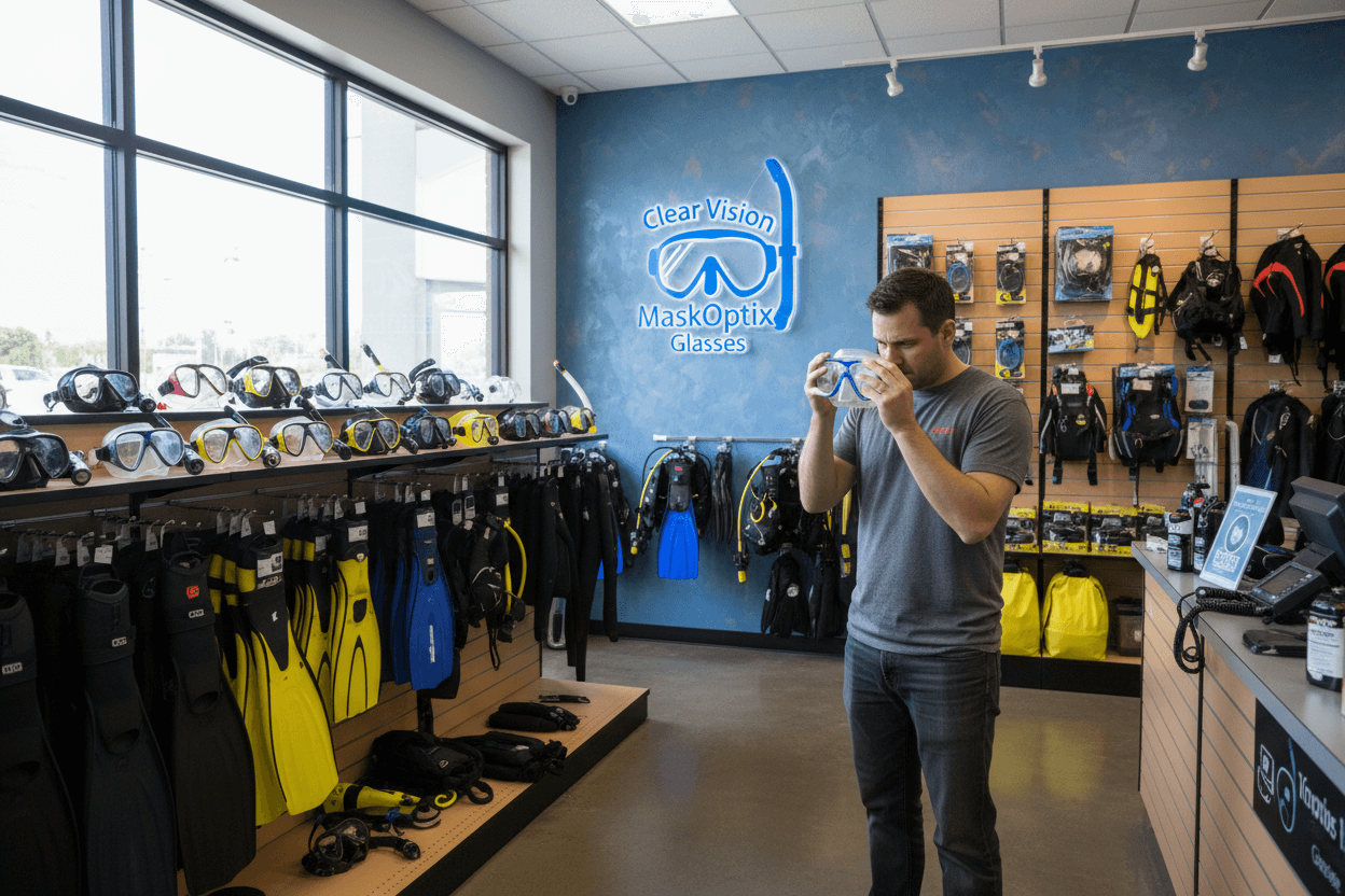 Man trying on scuba diving mask in a store with diving equipment displayed.