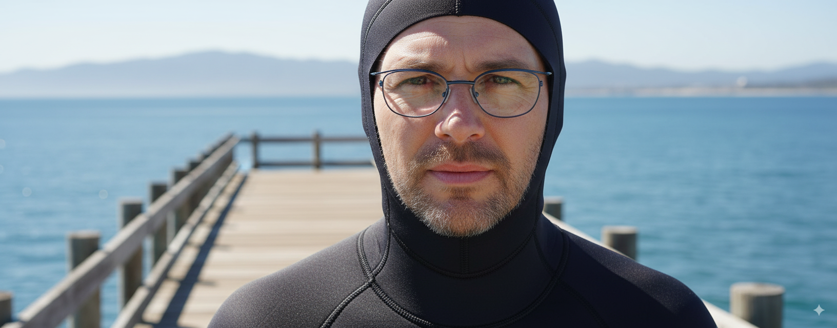 Man wearing a black wetsuit with a hood by a wooden pier and blue water.