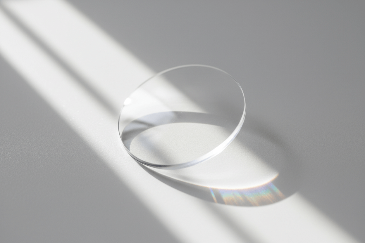 Clear glass lens on a gray background