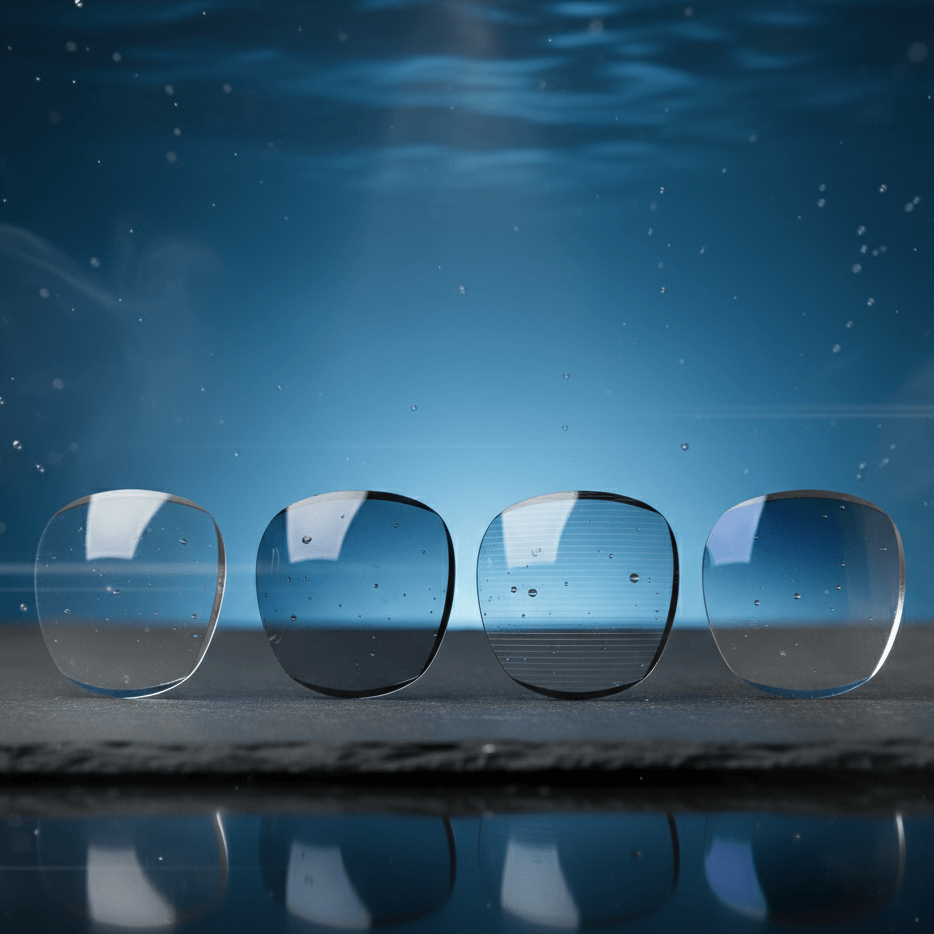 Four clear lenses on a reflective surface with a blue underwater background