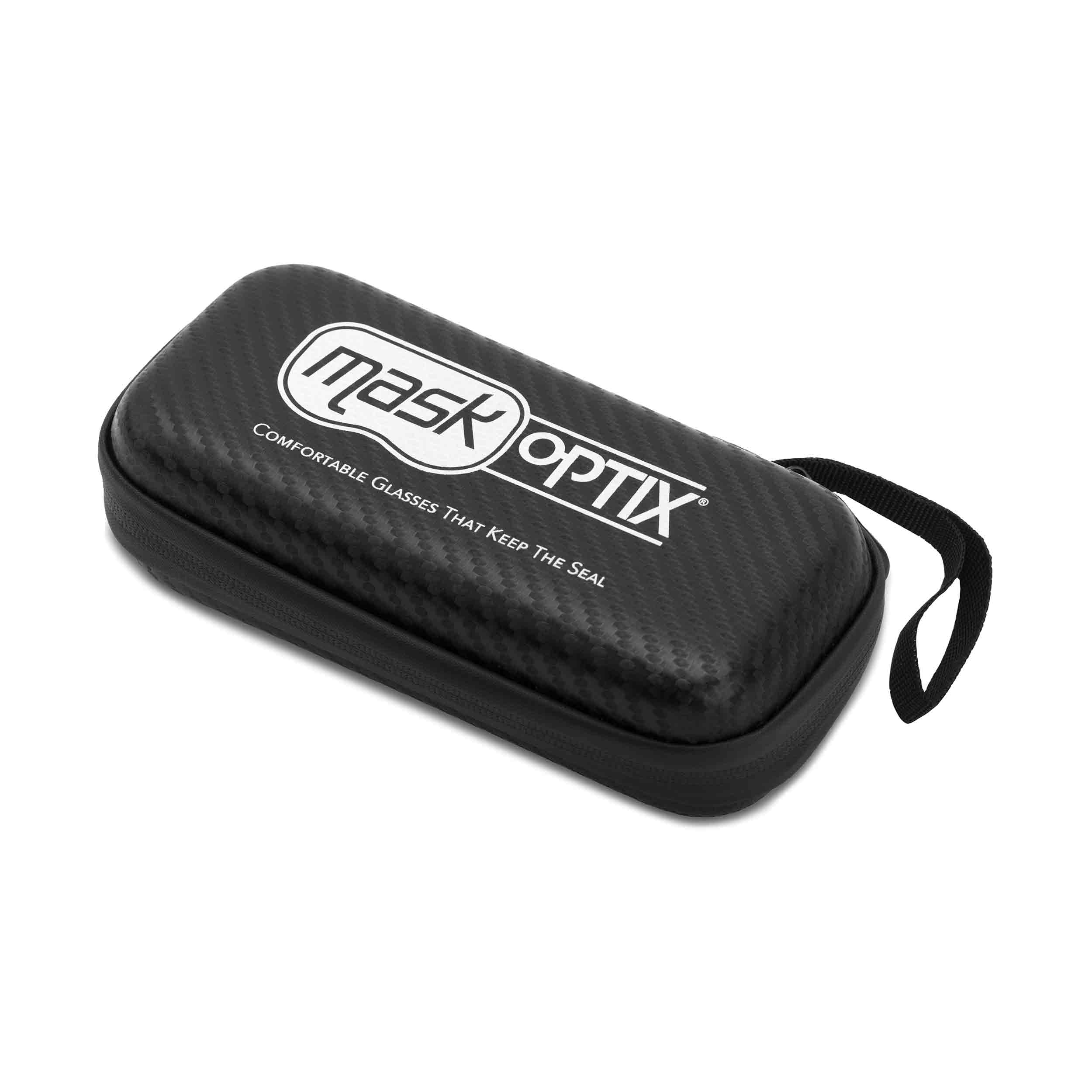 A black carbon-fiber-textured hard case for Mask Optix glasses with a white logo and a black carrying loop, shown on a plain white background.