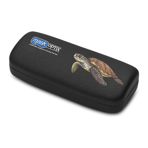 A black hard protective eyeglasses case by Mask Optix, featuring a printed illustration of a sea turtle on the side.