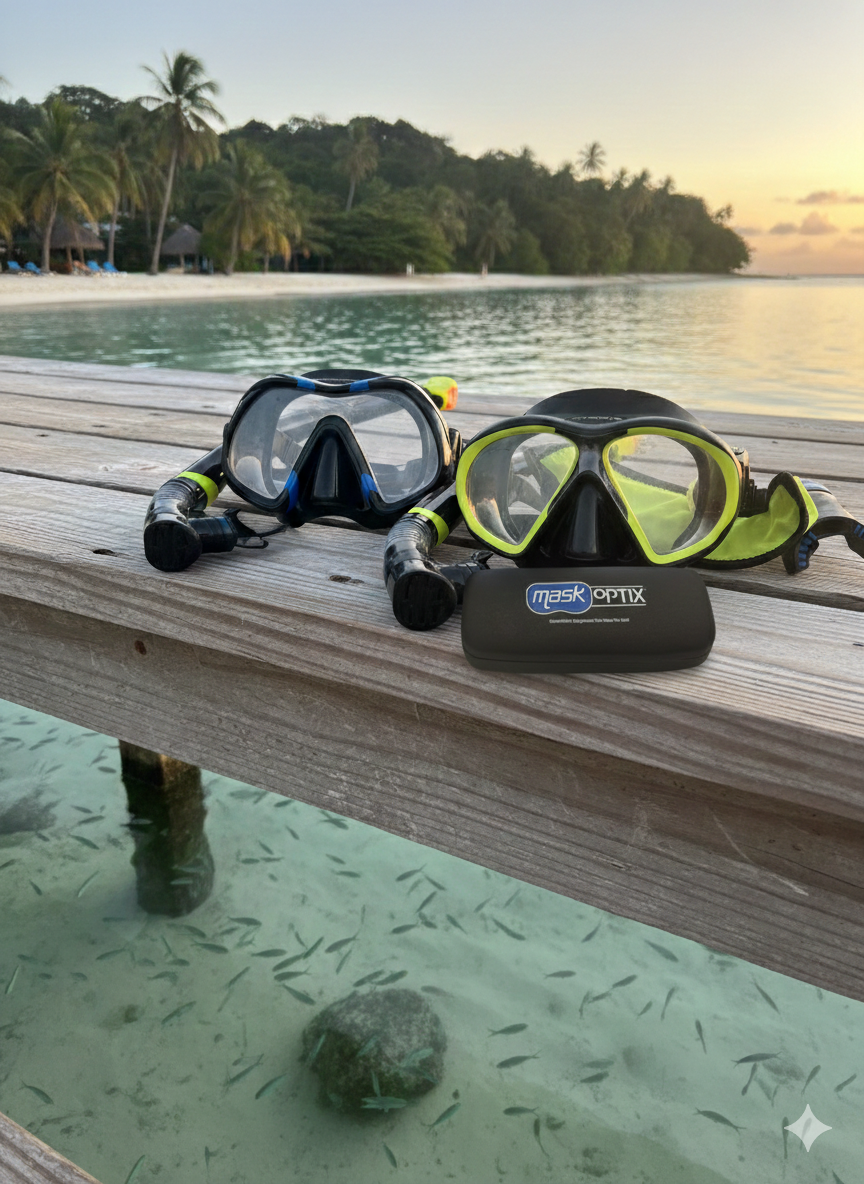 MaskOptix prescription glasses worn under a dive mask