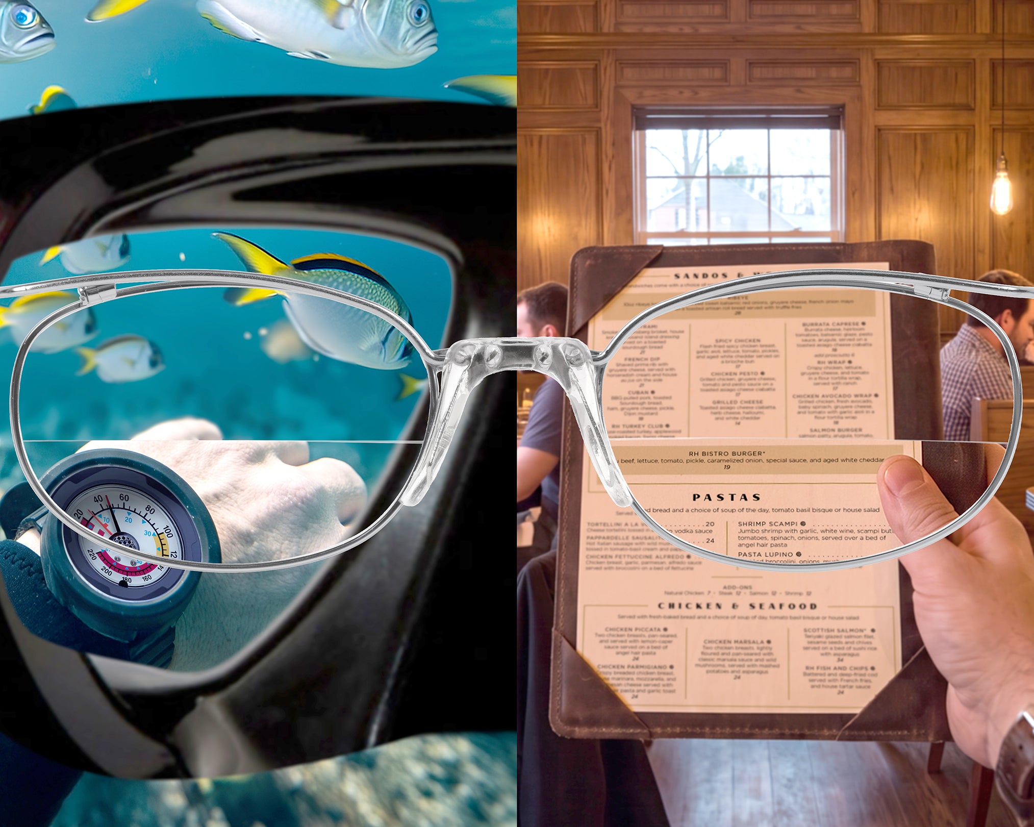 A split-screen lifestyle image showcasing clear, thin-rimmed eyeglasses. The left side shows the glasses worn over a scuba diving mask, reflecting an underwater scene with fish.