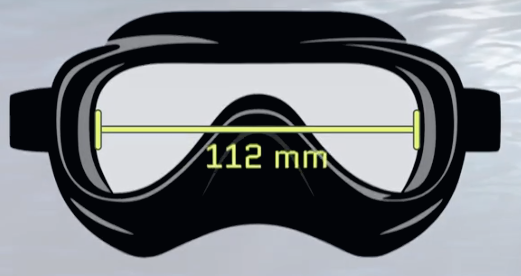 Diving mask with measurement of 112 mm on a light gray background