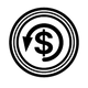 Icon of a dollar sign with circular arrows, symbolizing money circulation or finance.