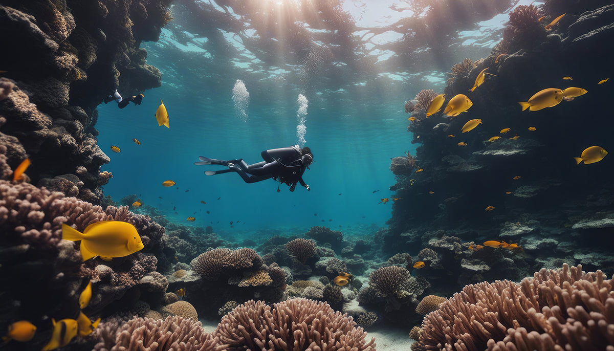 Scuba diver exploring a vibrant coral reef with schools of yellow fish.