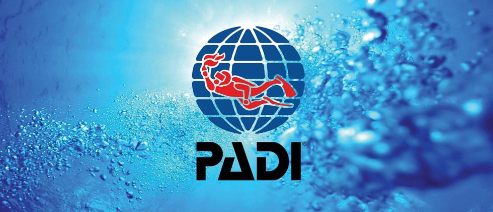 PADI logo with a diver silhouette against a blue underwater background