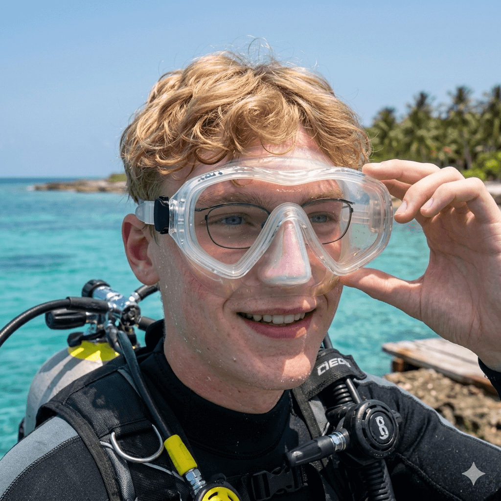 Person wearing scuba diving gear with a clear mask and glasses  standing in front of a tropical beach.