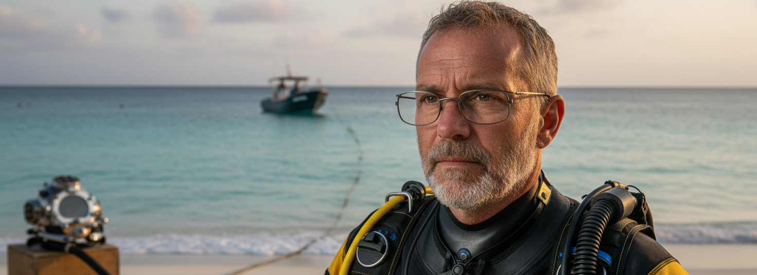Man in scuba diving gear on a beach with ocean and boat in background